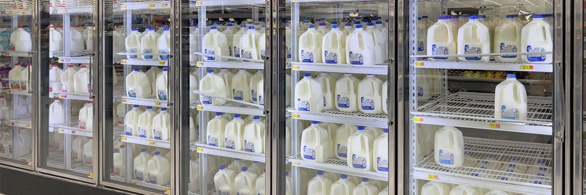 Coolers of milk at a grocery store.